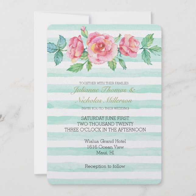 Rosa Aquarellfarben Rose Minzstreifen Hochzeiten Einladung (Vorderseite)
