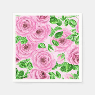 Rosa Aquarellfarben-Rose mit Blätter und Knospen-P Serviette