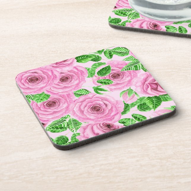 Rosa Aquarellfarben-Rose mit Blätter und Knospen-P Untersetzer (Linke Seite)