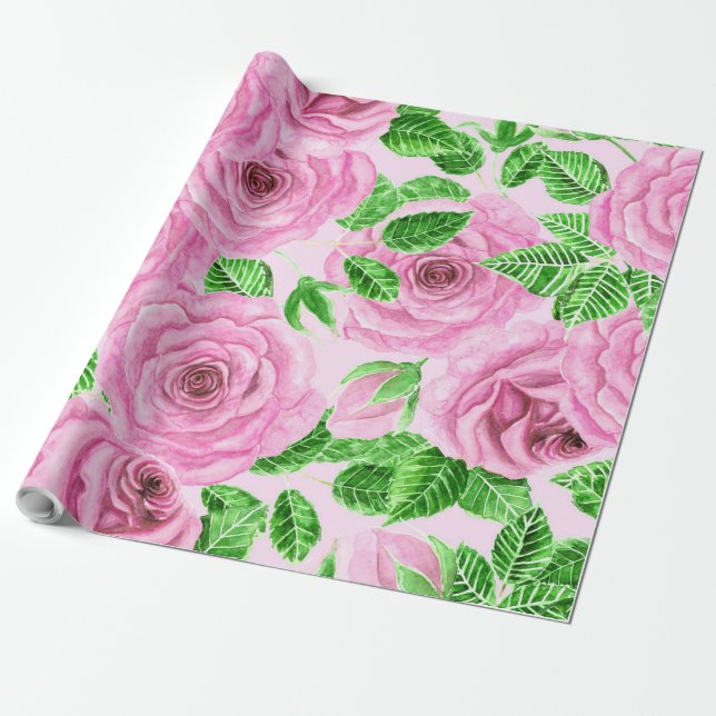 Rosa Aquarellfarben-Rose mit Blätter und Knospenmu Geschenkpapier (Ungerollt)