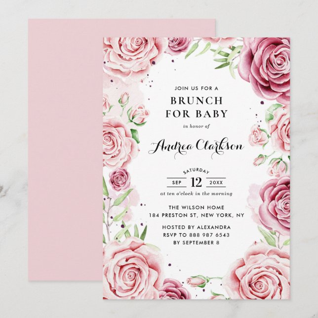 Rosa Aquarellfarben Rose Rahmen Babydusche Brunch Einladung (Vorne/Hinten)