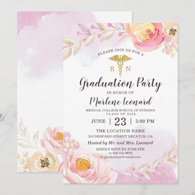 Rosa Aquarellfarben Rose RN Nurse Graduation Party Einladung (Vorne/Hinten)