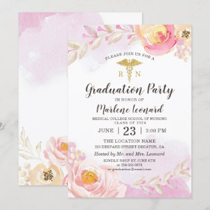 Rosa Aquarellfarben Rose RN Nurse Graduation Party Einladung