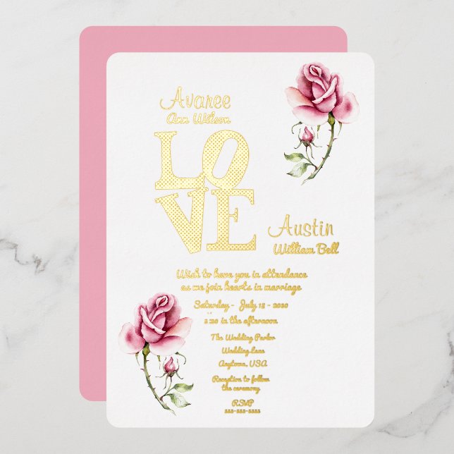 Rosa Aquarellfarben Rose und Goldene Fohlen Einlad Folieneinladung (Vorderseite/Rückseite)
