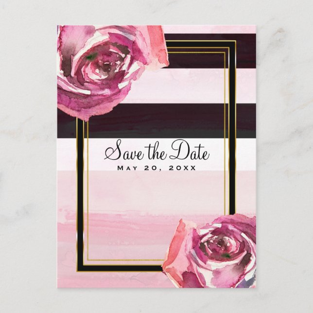 Rosa Aquarellfarben - Save the Date Schwarz-weiß Ankündigungspostkarte (Vorderseite)
