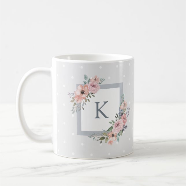 Rosa Aquarellfarben und Graupunkte | Monogramm Kaffeetasse (Links)