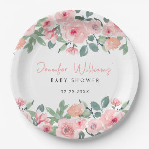 Rosa Aquarellgarten Babydusche Teller