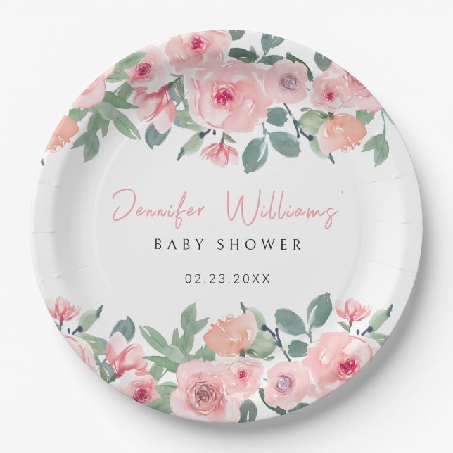 Rosa Aquarellgarten Babydusche Teller (Vorderseite)