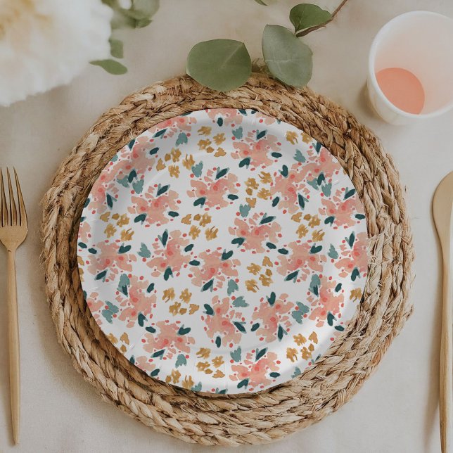Rosa Aquarellgarten Pappteller (Pink watercolor floral garden baby or bridal shower paper plates.)