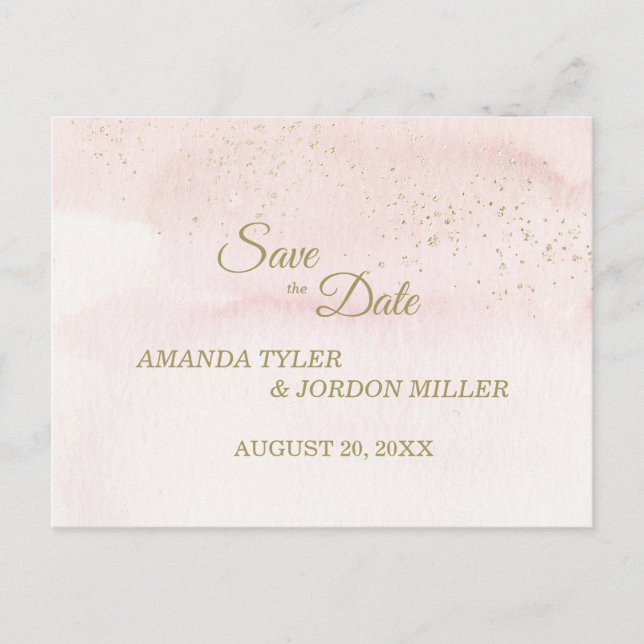 Rosa Aquarellgoldart Hochzeit Sichern Sie das Datu Ankündigungspostkarte (Vorderseite)