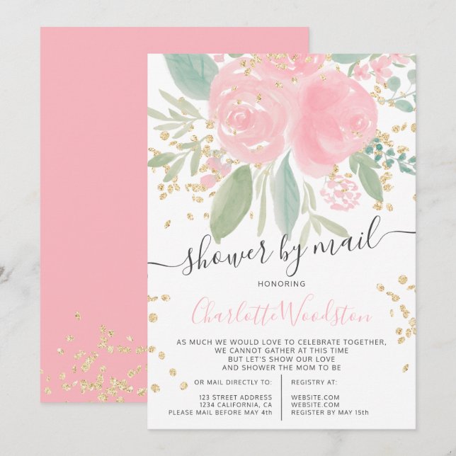 Rosa Aquarellgolddusche mit Blütenfarbe, Babydusch Einladung (Vorne/Hinten)