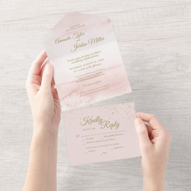 Rosa Aquarellgoldene Hochzeit All In One Einladung (Abreißen)