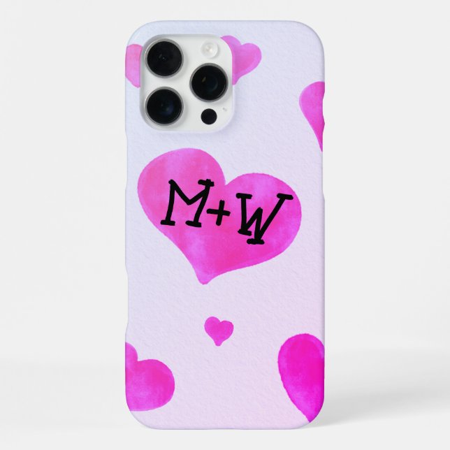 Rosa Aquarellherzen Eigene Namensinitialen iPhone 16 Pro Max Hülle (Rückseite)