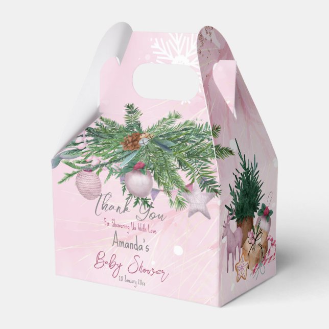 Rosa Aquarellkieferndekoration Winterbabyshowe Geschenkschachtel (Vorderseite)