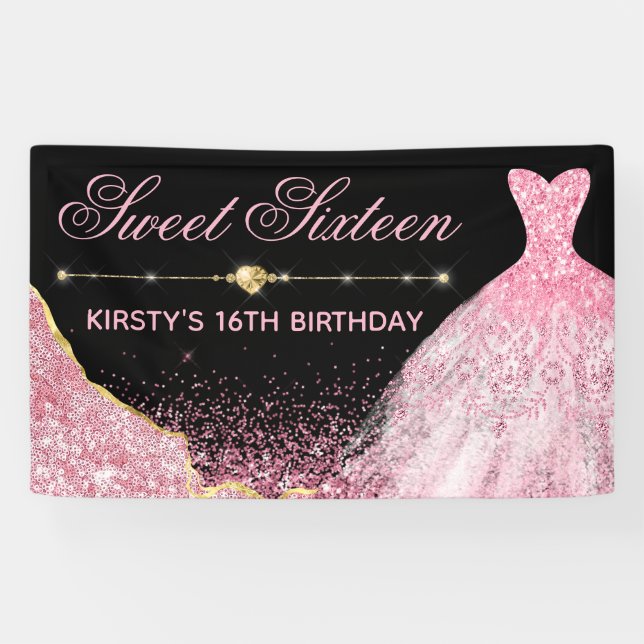 Rosa Aquarellkleid & Glam Edge Sweet 16 Banner (Horizontal)