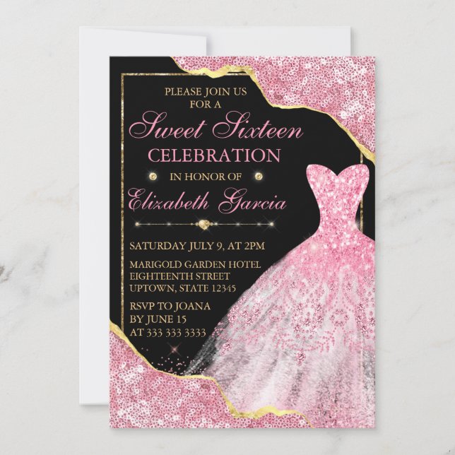Rosa Aquarellkleid & Glitzer Glam Edge Sweet 16 Einladung (Vorderseite)