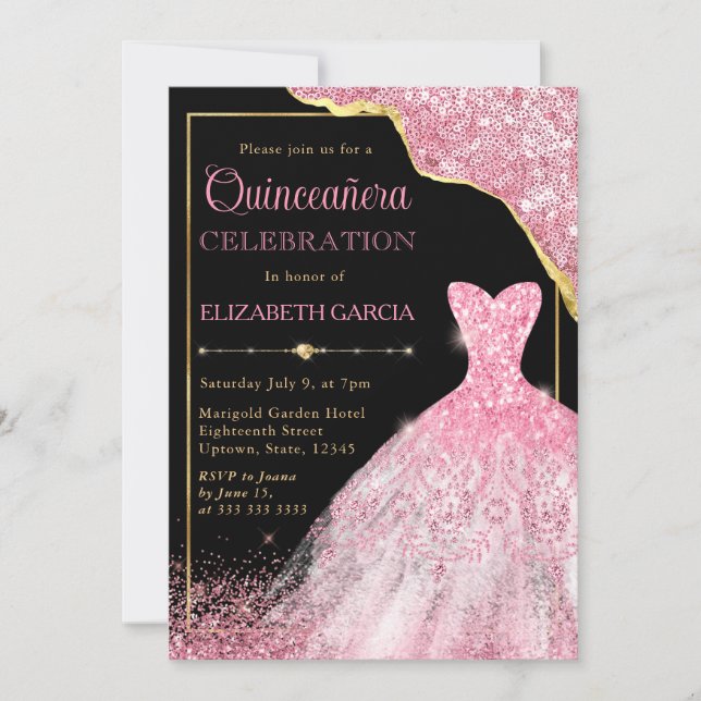 Rosa Aquarellkleid und glänzende Edge Quinceanera Einladung (Vorderseite)