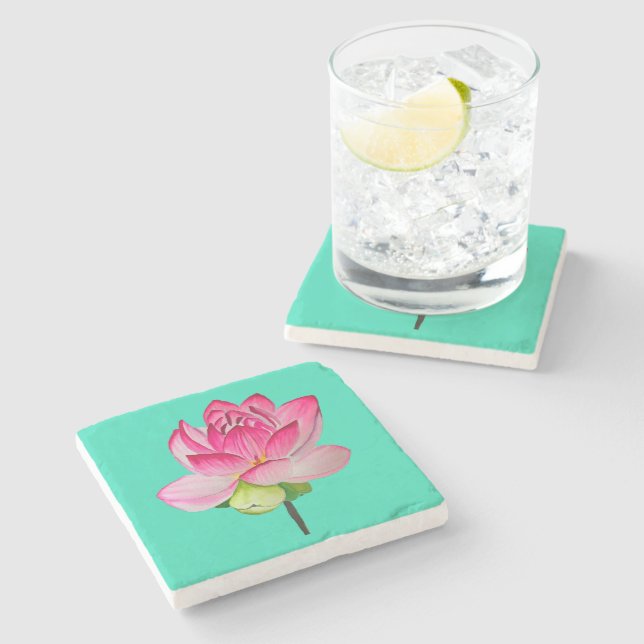 Rosa Aquarelllotus Blume Keramik Steinuntersetzer (Seitenansicht)