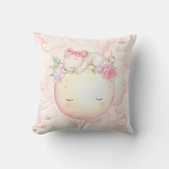 Rosa Aquarellmoon Sterne Maus Blumenmuster Kinderz Kissen (Vorderseite)