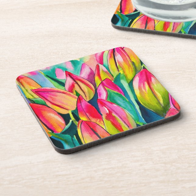 Rosa Aquarelltulis Kunst Getränkeuntersetzer (Linke Seite)