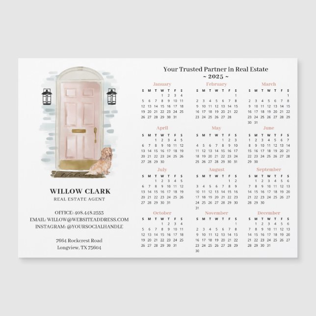 Rosa Aquarelltür Spaniel Real Anwesen Kalender Magneteinladung (Vorderseite)