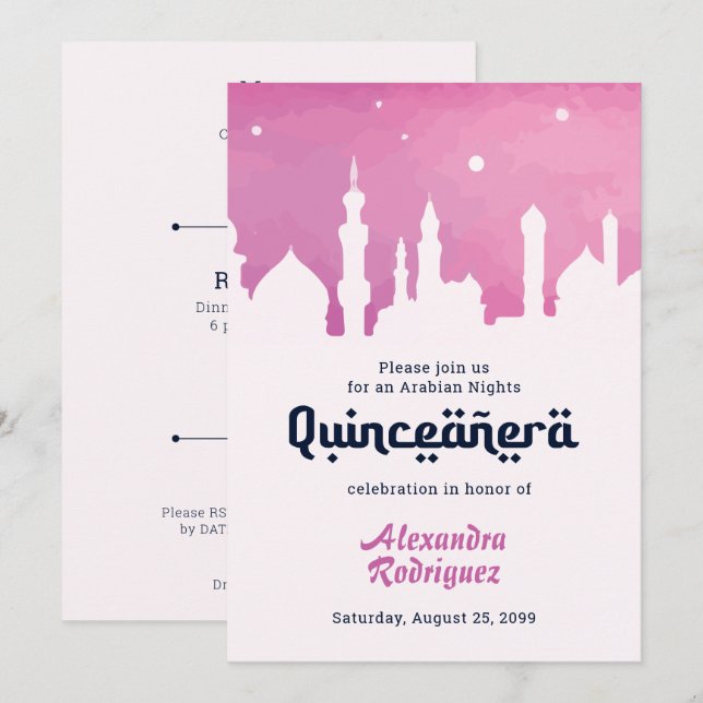 Rosa arabische Nächte Wasserfarbe Quinceñera Einladung (Vorne/Hinten)