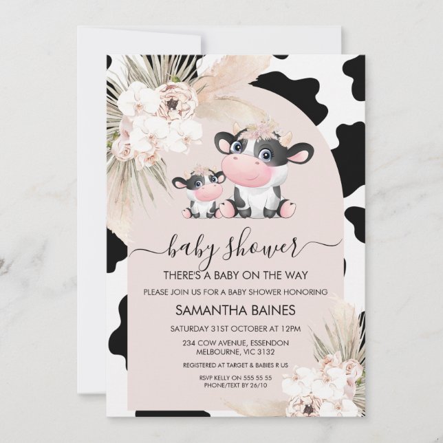 Rosa Arch Floral Heilige Kuh Kuh Print Baby Dusche Einladung (Vorderseite)
