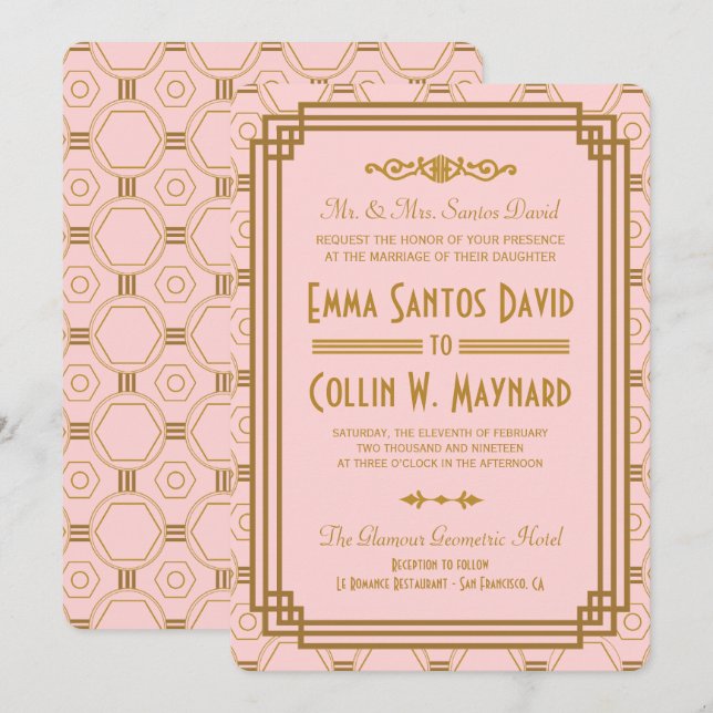 Rosa Art Déco Einladungen für Hochzeiten (Vorne/Hinten)