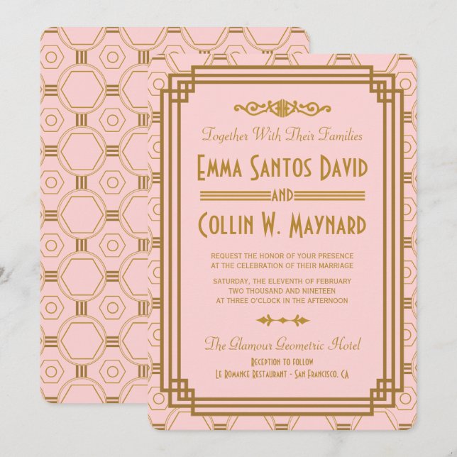 Rosa Art Déco Einladungen für Hochzeiten (Vorne/Hinten)