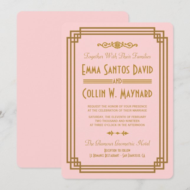 Rosa Art Déco Einladungen für Hochzeiten (Vorne/Hinten)