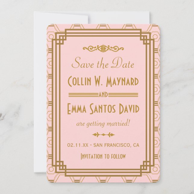Rosa Art Deco Save the Date lädt ein (Vorderseite)