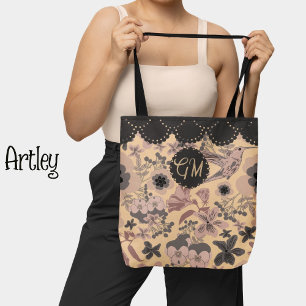 Rosa Art Nouveau Botanisches Kolibri-Monogramm Tasche