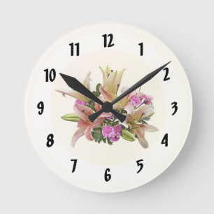 Rosa asiatische Lilien und Nelken Runde Wanduhr