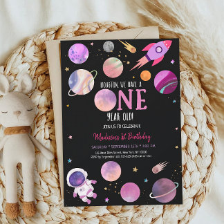 Rosa Astronaut Galaxy Erster Geburtstag Einladung