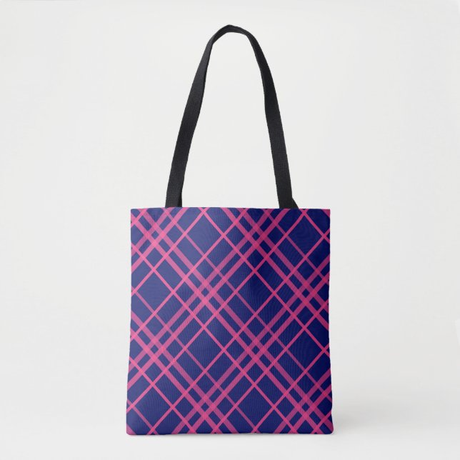 Rosa auf blauem Tartan Kariertes Muster Tasche (Vorderseite)