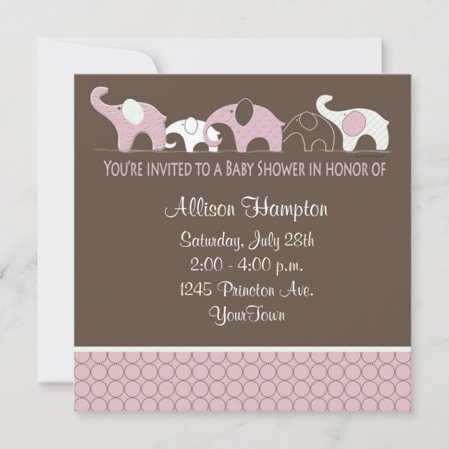 Rosa auf Brown-Elefant-Babyparty-Einladungen Einladung (Vorderseite)