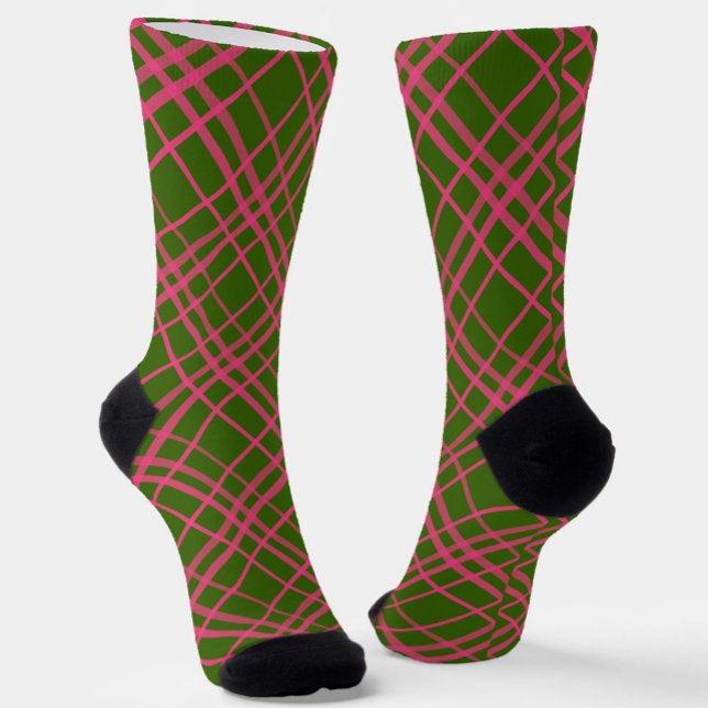 Rosa auf grünem Tartan Kariertes Muster Socken (Von Creator hochgeladen)