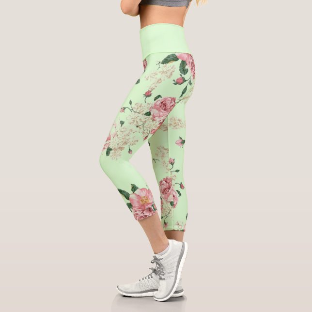 Rosa auf grüner Vintager Blüte Capri Leggings (Links)
