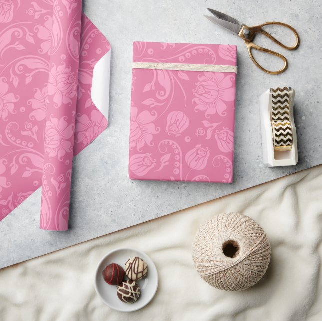 Rosa auf rosa Blumen-Damasken-Muster Geschenkpapier (Basteln)