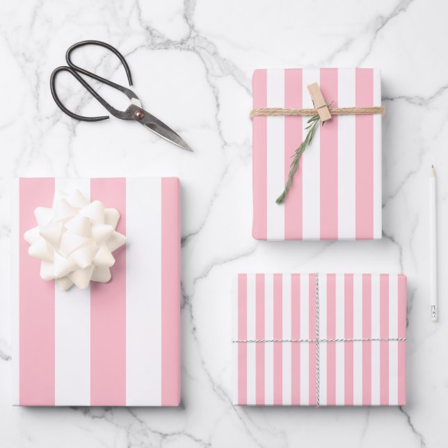 Rosa auf weißen Streifen verschiedener Größen. Geschenkpapier Set (Vorderseite)