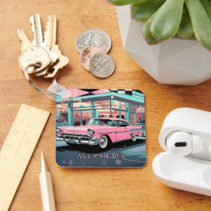 Rosa Auto 1950er Jahre Diner Retro Mid-Century Cus Schlüsselanhänger