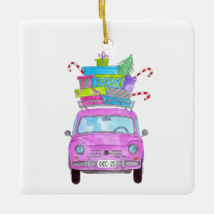 Rosa Auto mit Weihnachtsgeschenken Wasserfarbe Keramikornament