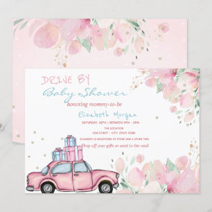 Rosa Auto präsentiert Blumen Drive By Babyparty Einladung