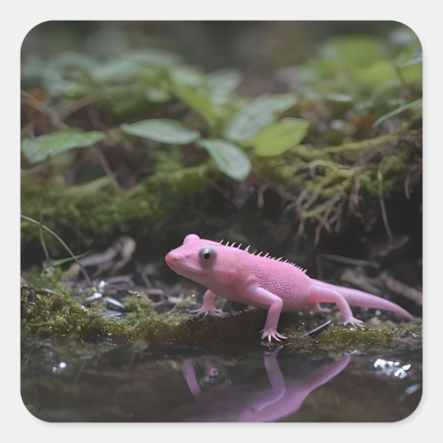 rosa Axolotl am Fluss, Quadratischer Aufkleber (Vorderseite)