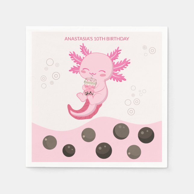 Rosa Axolotl Blubble Milk Boba Tee Geburtstag Serviette (Vorderseite)