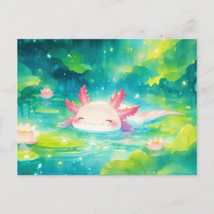 Rosa Axolotl Schwimmt im Sonnigen Lotosblumen Teic Postkarte