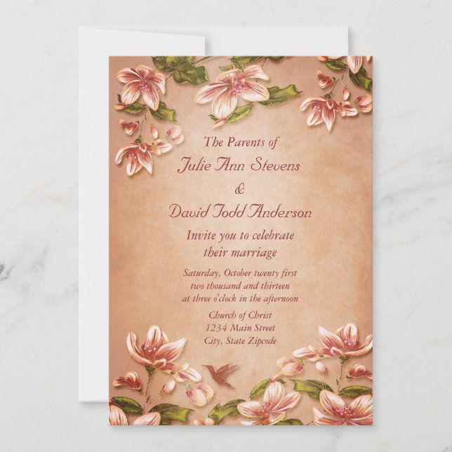 Rosa Azaleen Vintage Blüte auf Whiskey Wedding Einladung (Vorderseite)