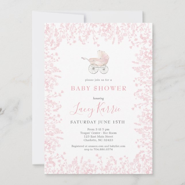 Rosa Baby Carriage Baby Dusche Einladung (Vorderseite)
