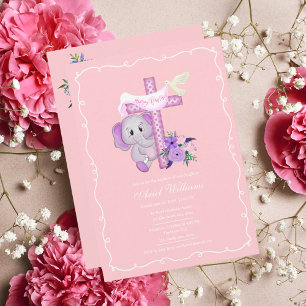 Rosa Baby-Elefant mit Taube und Kreuz Taufzeremoni Einladung