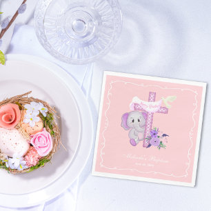 Rosa Baby-Elefant Mit Taube Und Kreuz Taufzeremoni Serviette